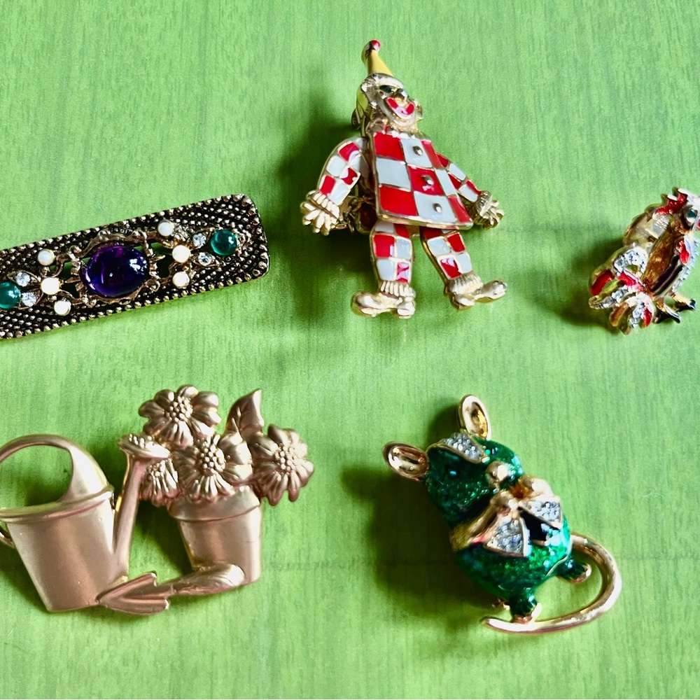 Colorful Brooch Set with Clown and Floral Designs